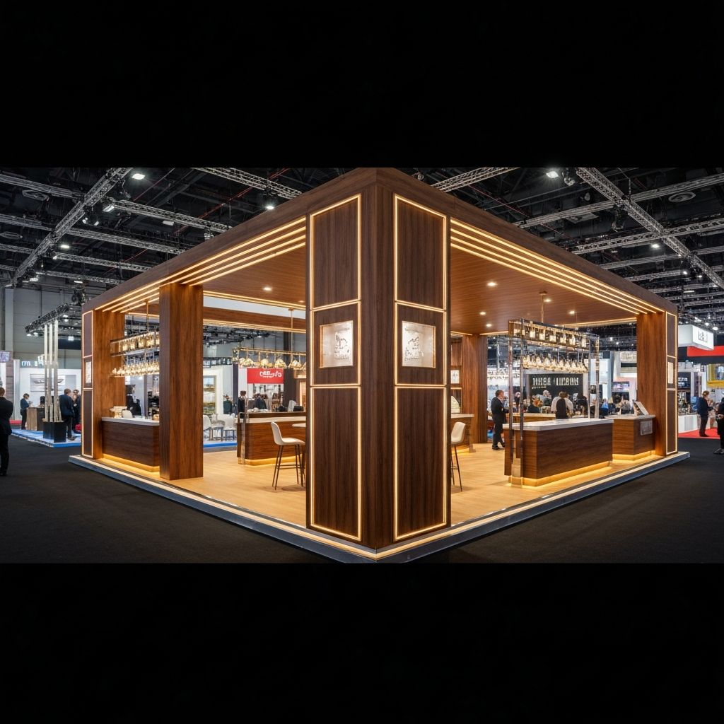 Vue panoramique d'un stand d'exposition haut de gamme NOVAUS lors d'un salon professionnel