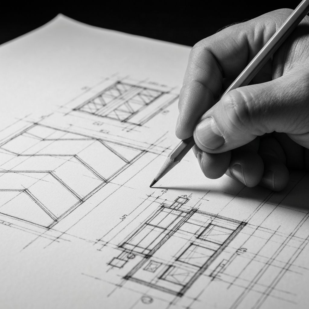 Main d'un designer esquissant un concept de stand sur papier